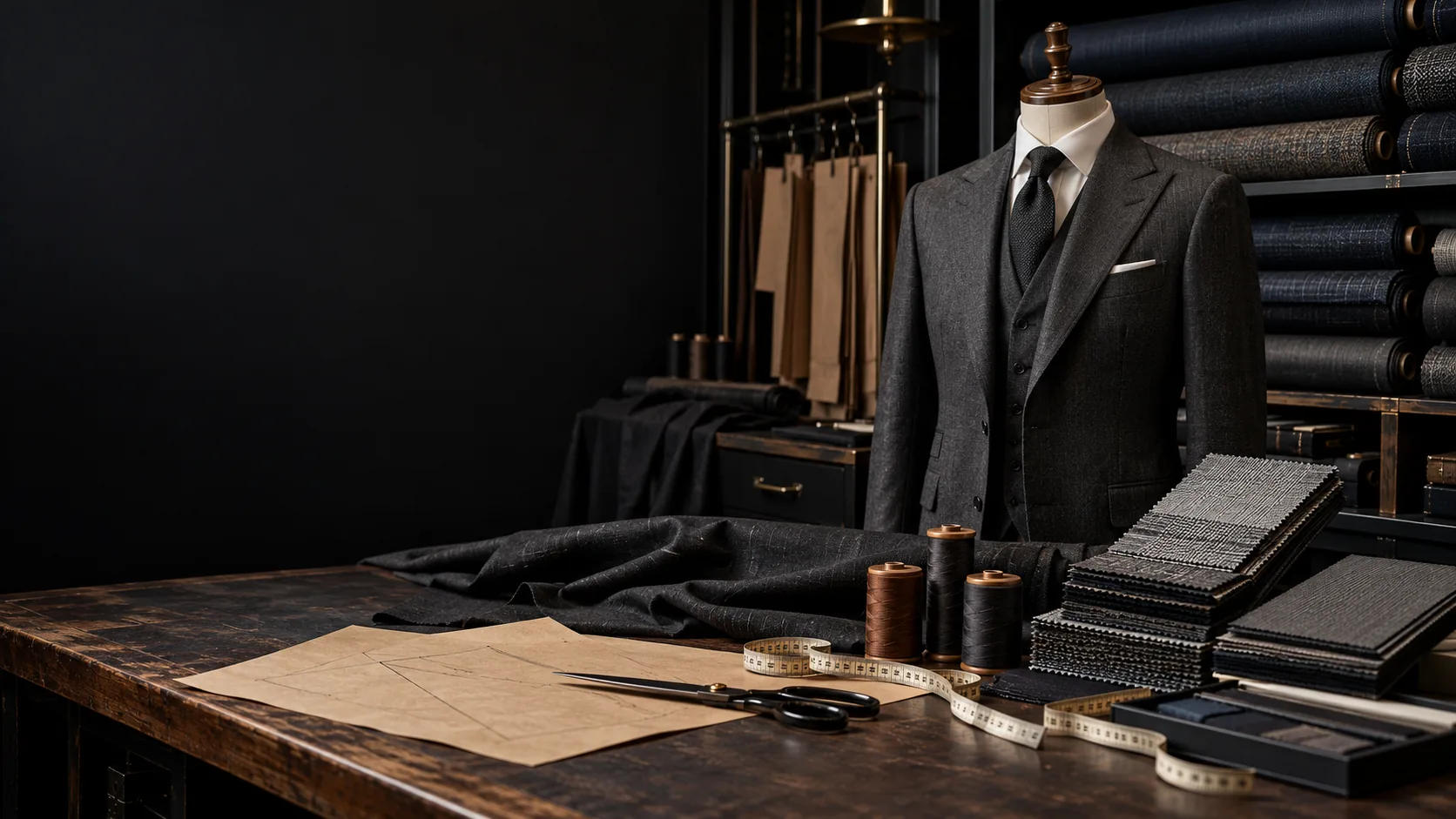 suit arranged in a luxury tailoring studio