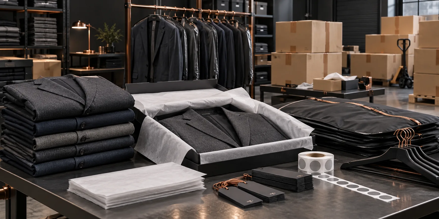 Natural suit packaging and fulfillment desk