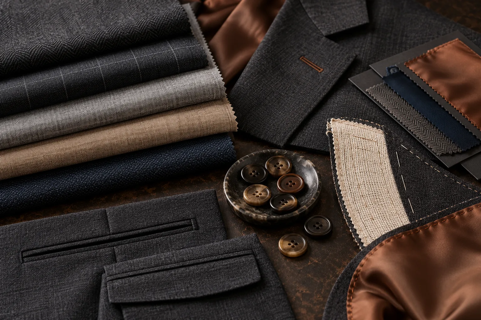 Fabric swatches, suit panels and tailoring tools on a worktable