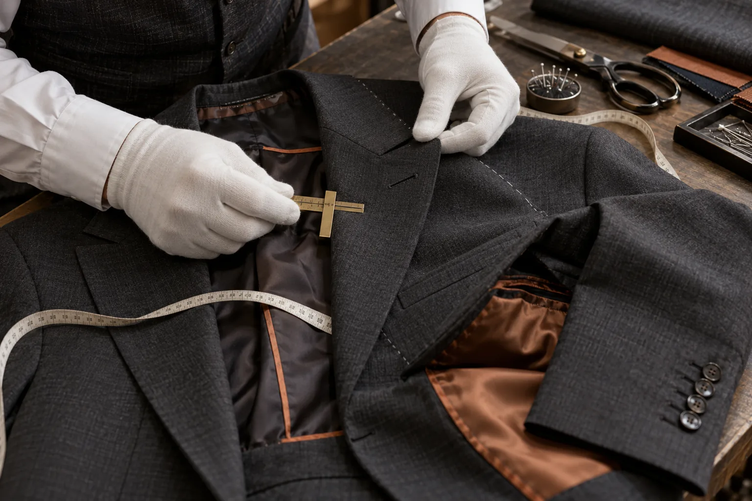 Technician inspecting suit at a quality desk